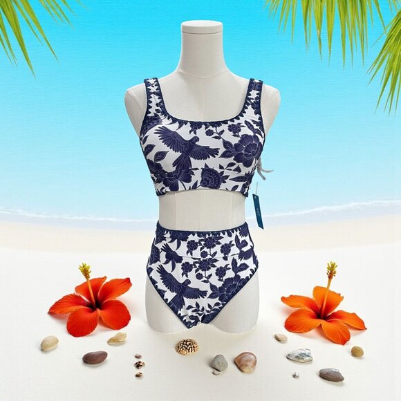 Cupshe Blue White Floral Bird Bikini Set High Waist Swimwear Beach Vacation XS - Picture 1 of 11